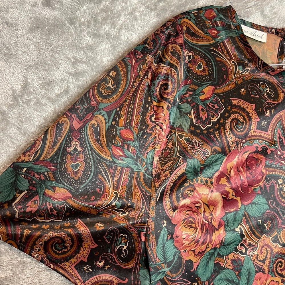 Dina Ariel Women Paisley‎ Floral Stretchy Satin Short Sleeve Dressy Boxy Top XL*